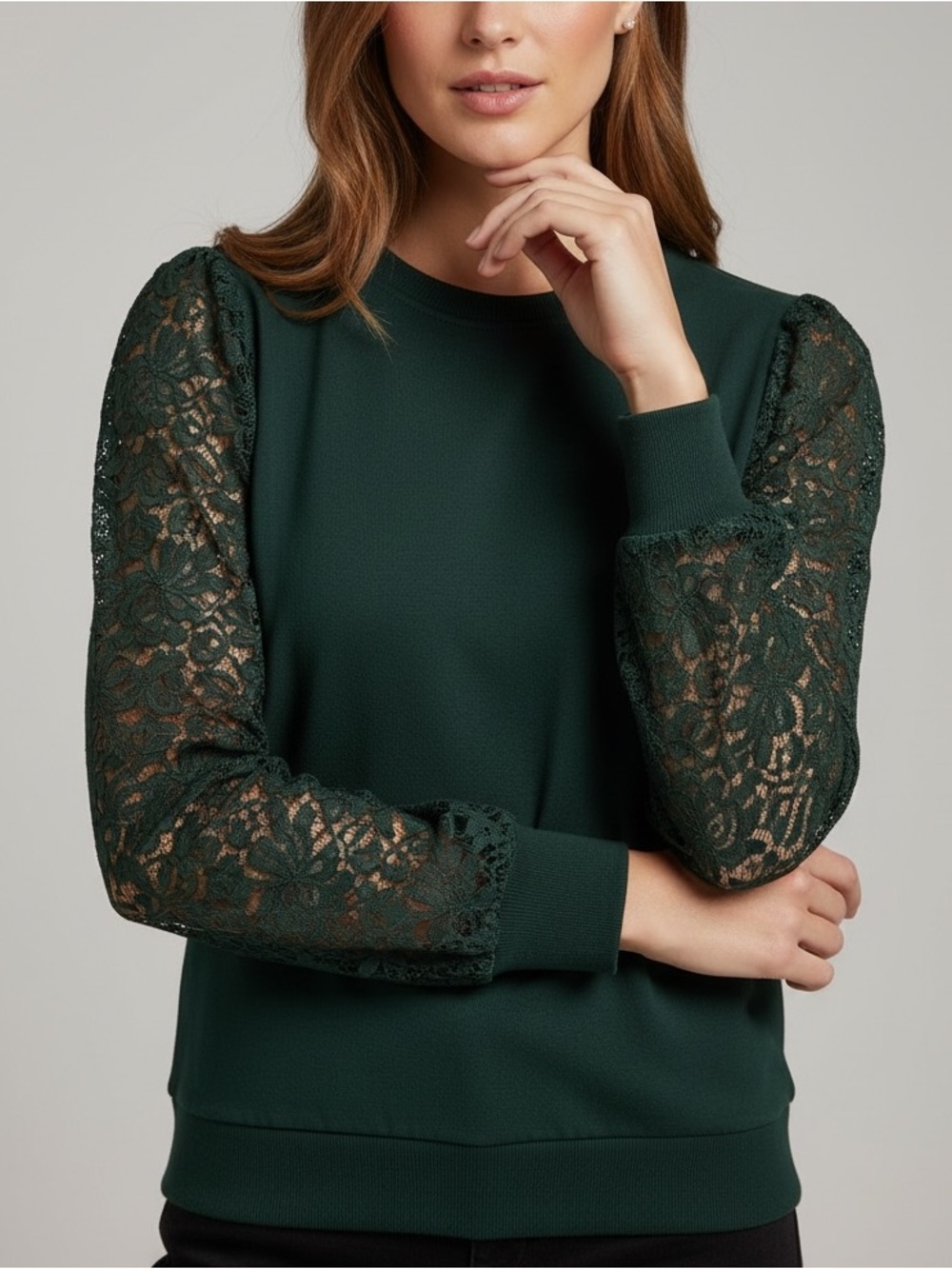 NWT ADRIANNA PAPELL Hunter Green Lace Sleeve Crew Neckline Sweater Size X-Large